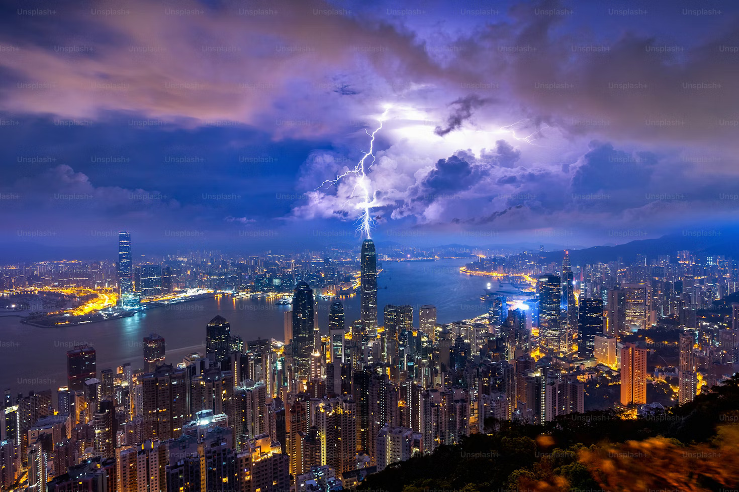 Powerful lightning coming out of sky scraper