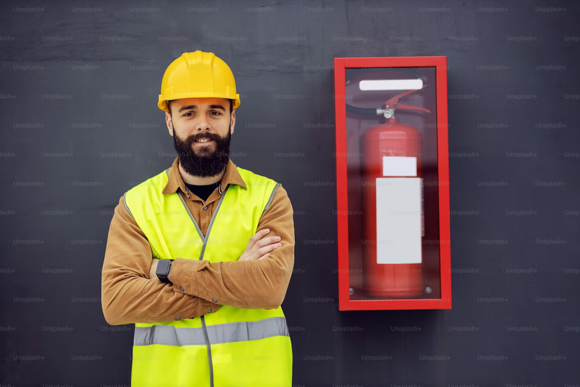 Person adhering to policy wearing safety gear next to fire extinguisher
